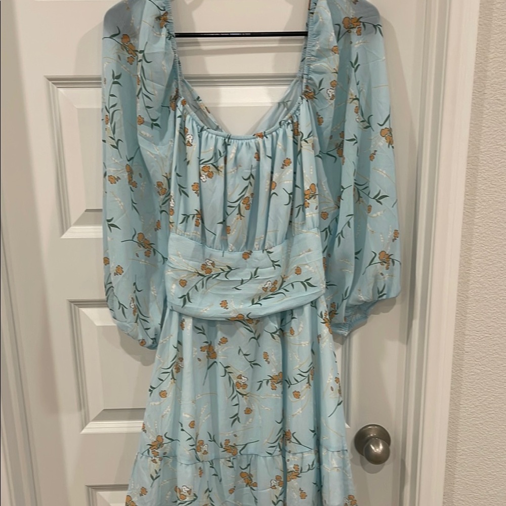 Blue Ruched Tie Front Sundress with Bishop Sleeves